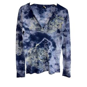 lucky brand M waffle thermal tie dye koi fish graphic USA vintage long sleeve